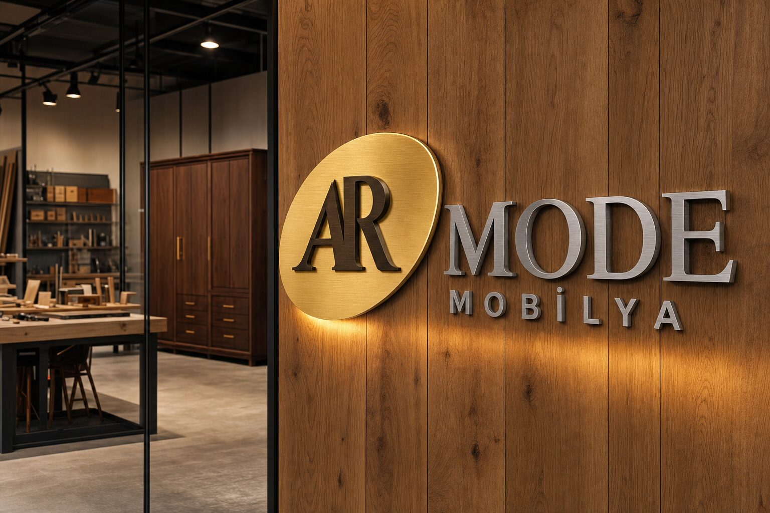 ARMODE Mobilya marka görseli — ahşap duvarda metal tabela, temsili görselleştirme